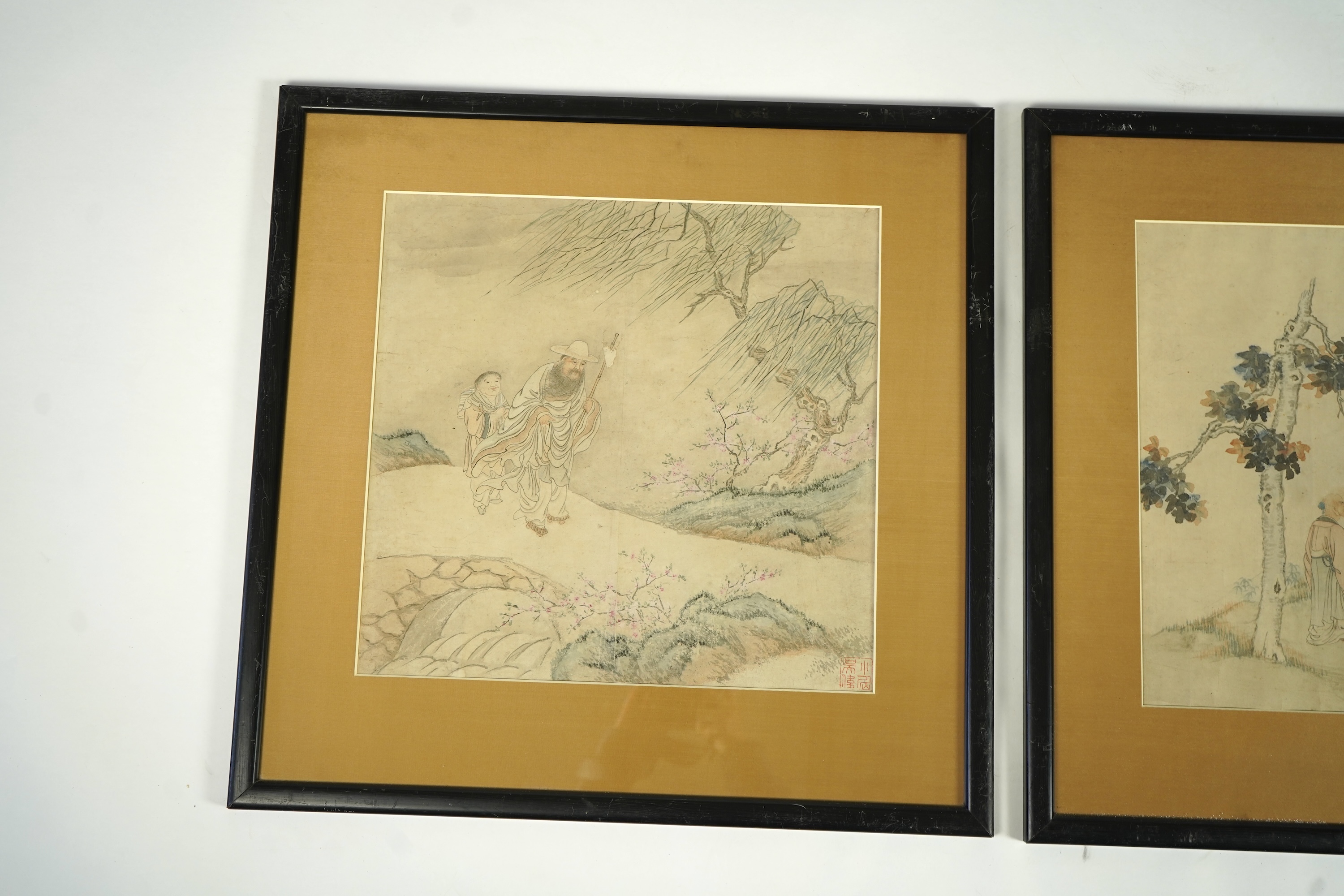 Chinese School , (19th century), Sage and boy, Farmer and ox, and two sages and attendant, Ink and colour on rice paper; three works, 38.5cm x 39.5cm, framed and glazed